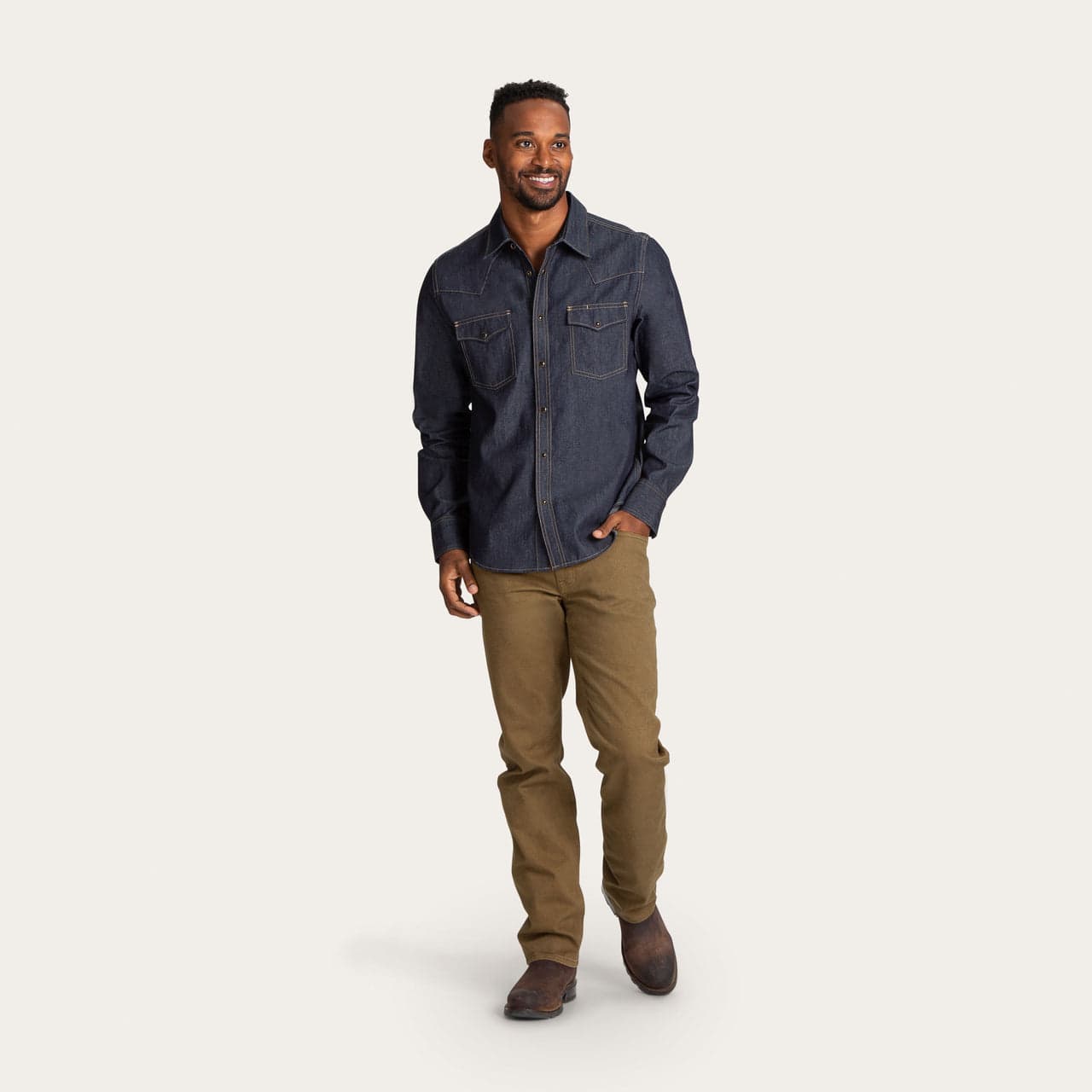 denim shirt and khaki pants