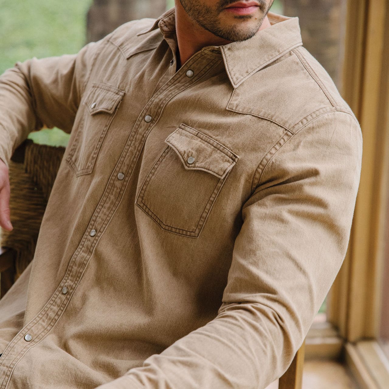 mens denim shirt with pearl snaps